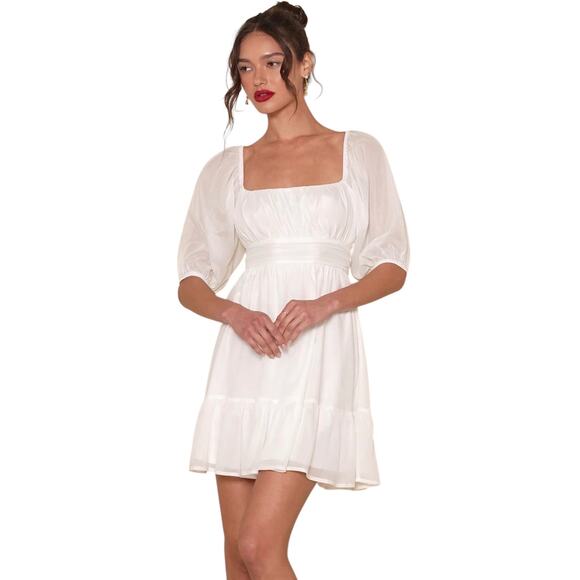 Lulus Dresses & Skirts - Lulus Ethereal Arrival White Puff Sleeve Tie-Back Chiffon Mini Dress size XL